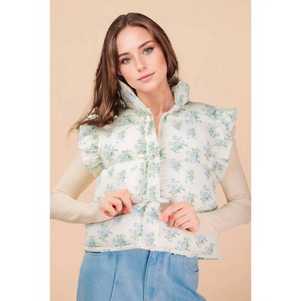 NEW VERY J pastel bloom puffer vest in cream floral